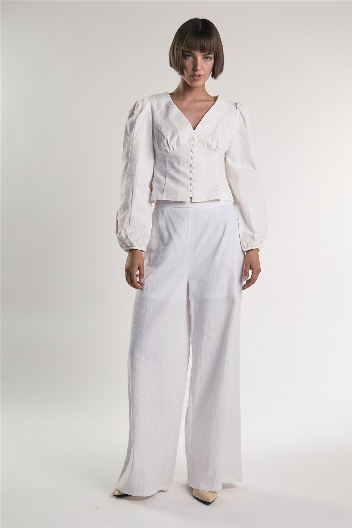 Long Sleeve Button Front V-Neck Blouse