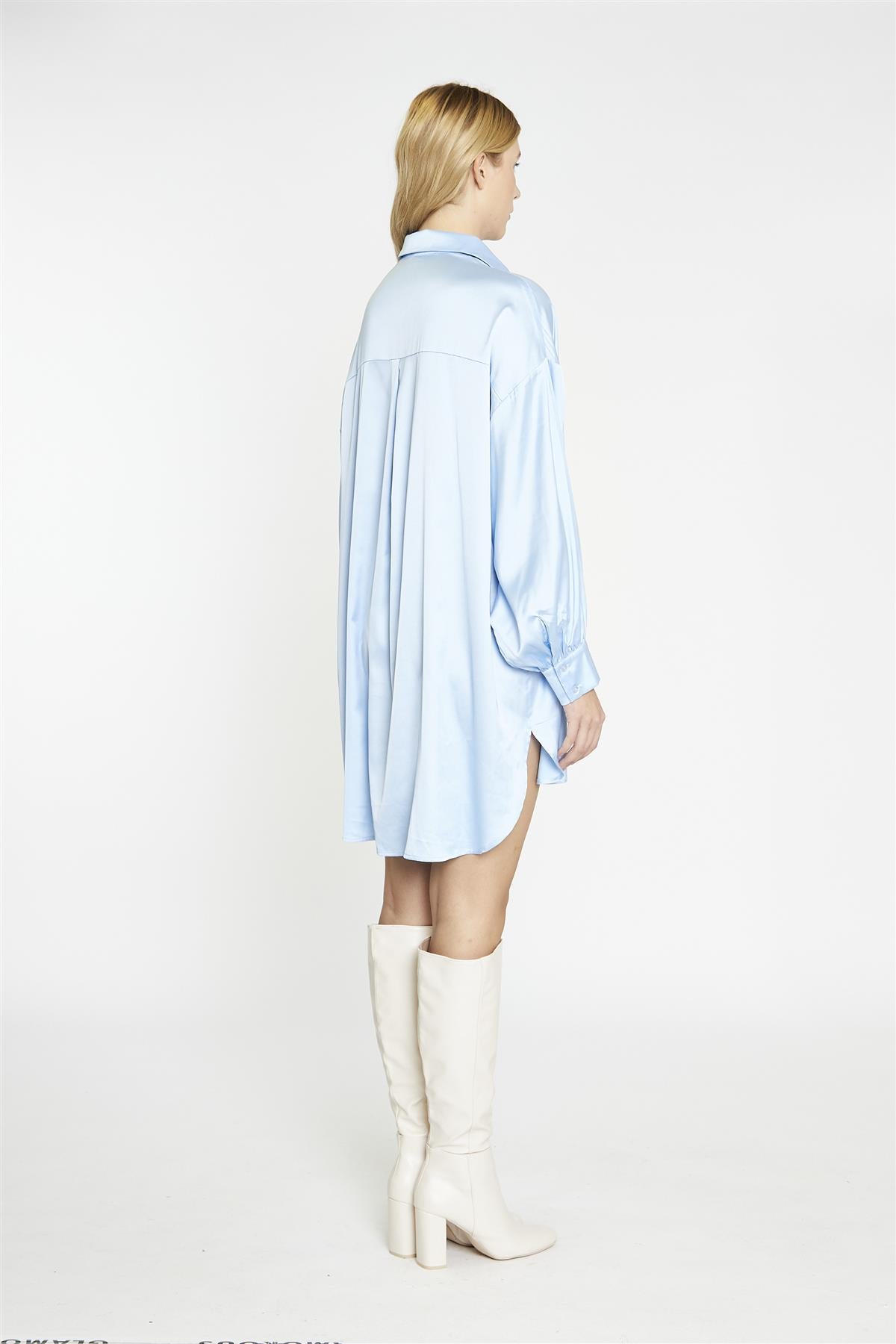 Pale-Blue Satin Shirt-Dress