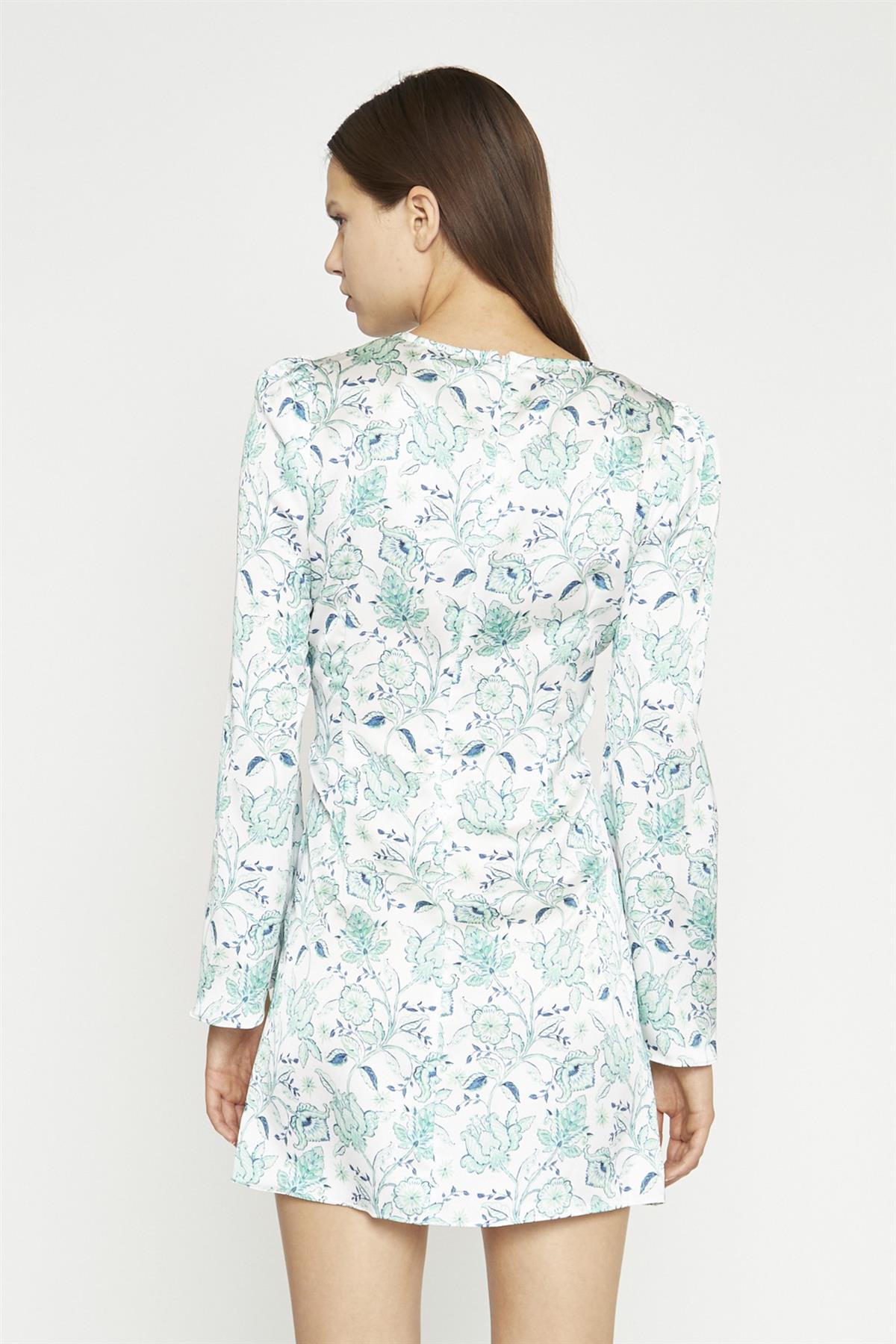 White-Mint Paisley Satin Gathered Keyhole Mini-Dress