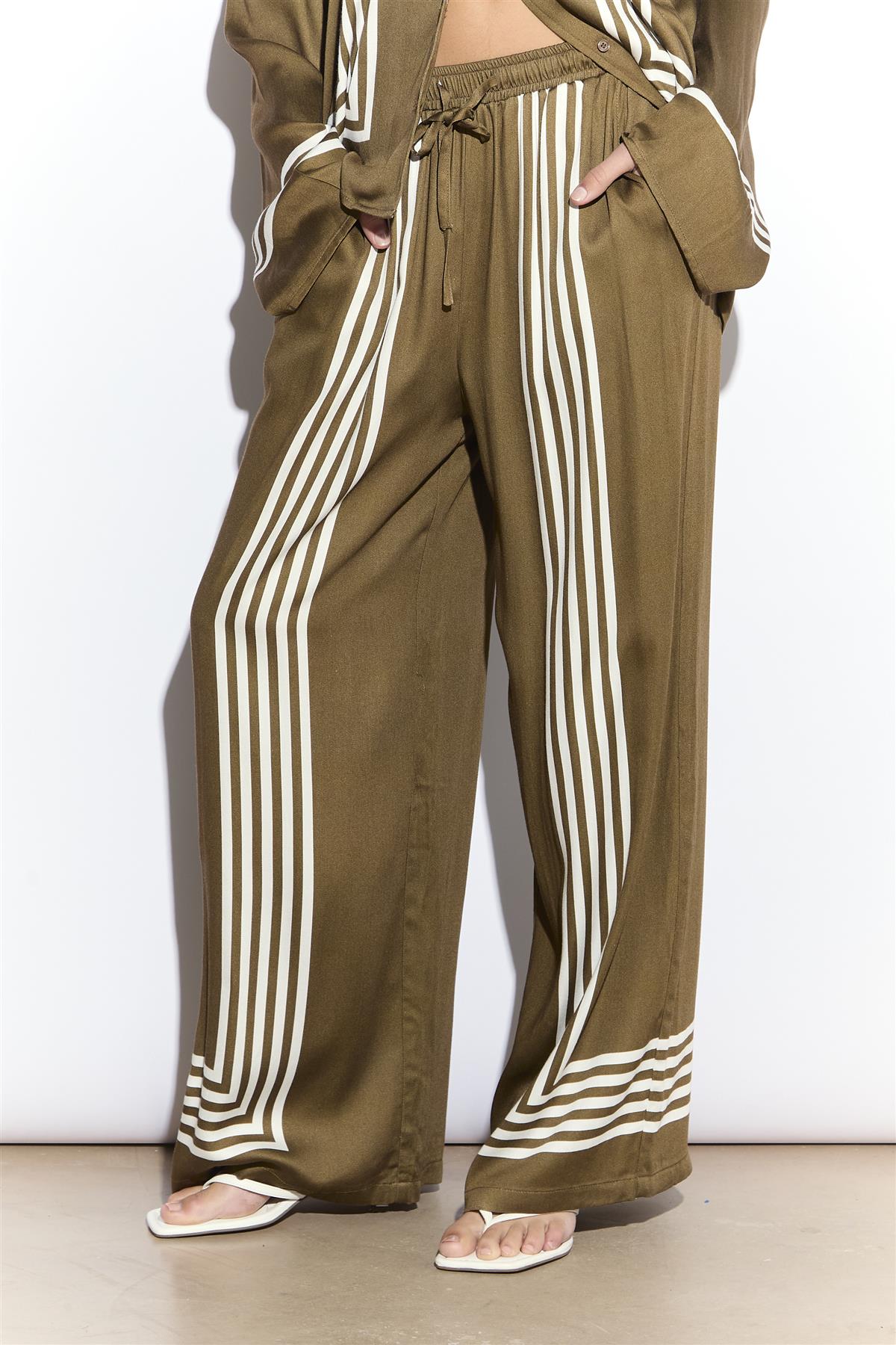 Olive Cream Stripe Wide Leg Trousers