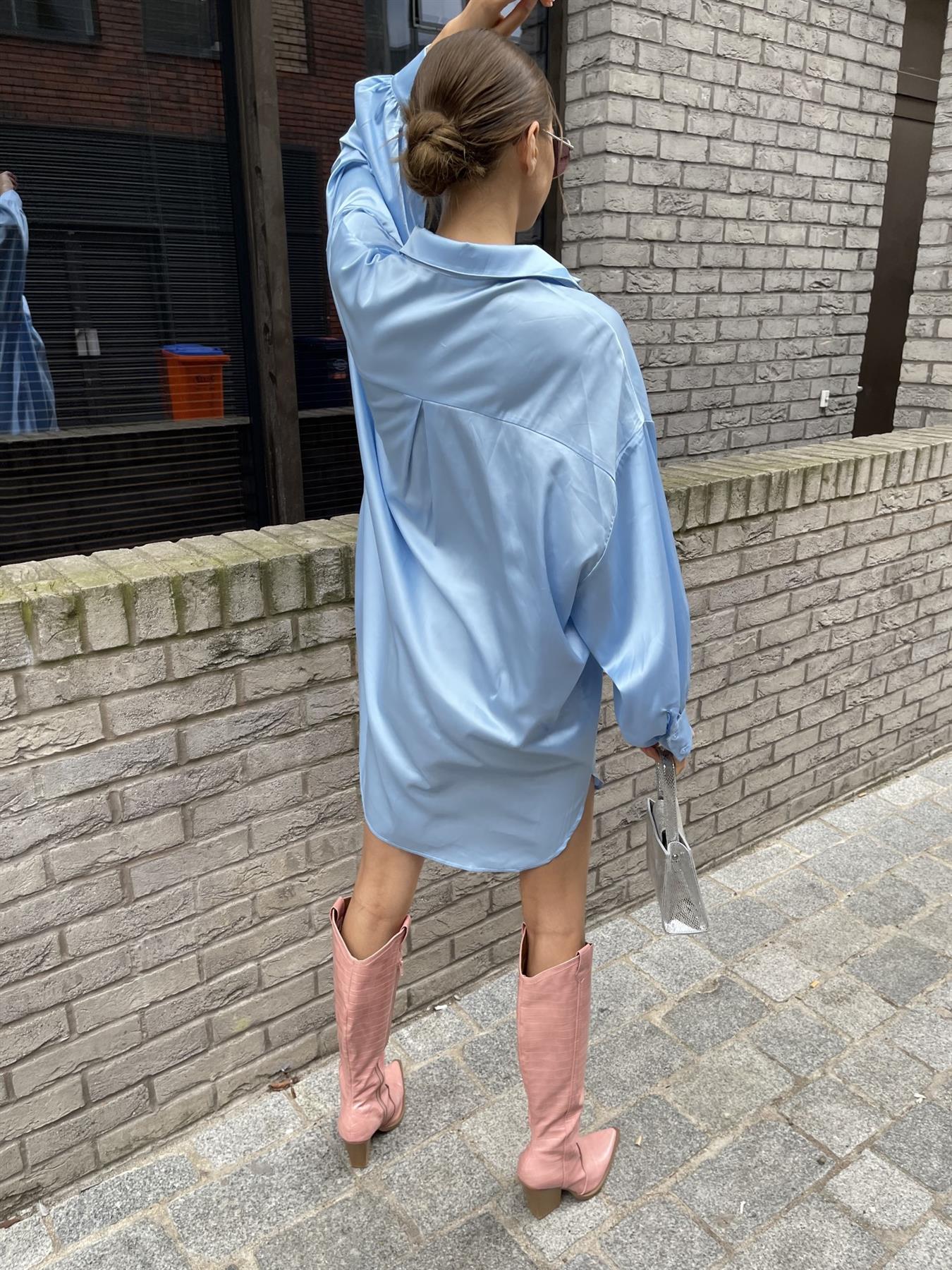 Pale-Blue Satin Shirt-Dress