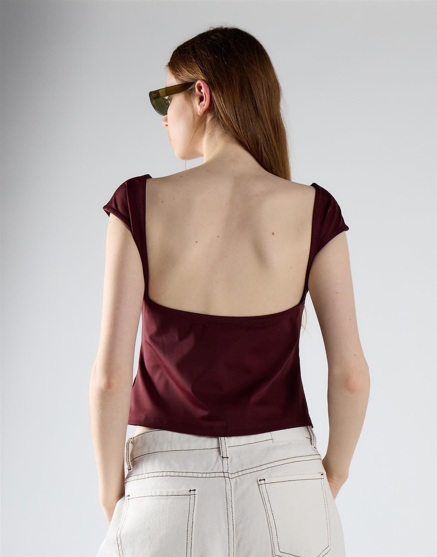 Burgundy Open Square Back Cap-Sleeve Top