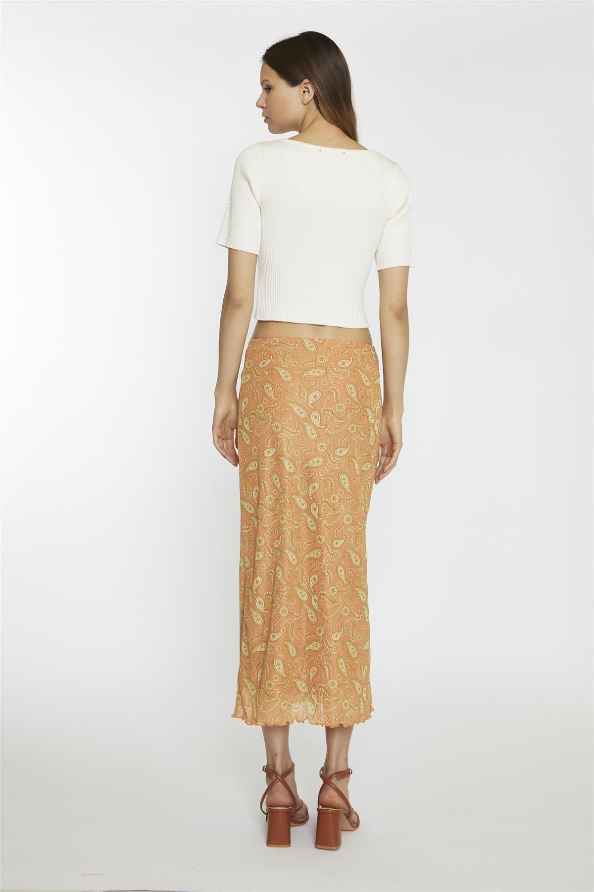 Orange Olive Paisley Mesh Low-Rise Midi-Skirt