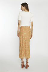 Orange Olive Paisley Mesh Low-Rise Midi-Skirt
