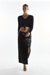 Black Sequin Leg-Split Midi Skirt