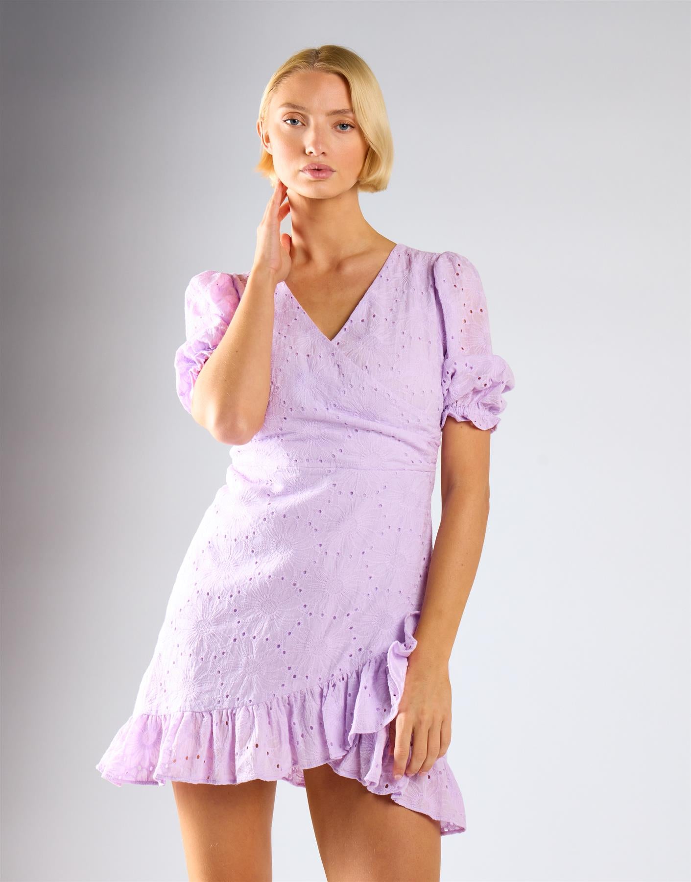 Broderie Wrap Mini Dress - Lilac