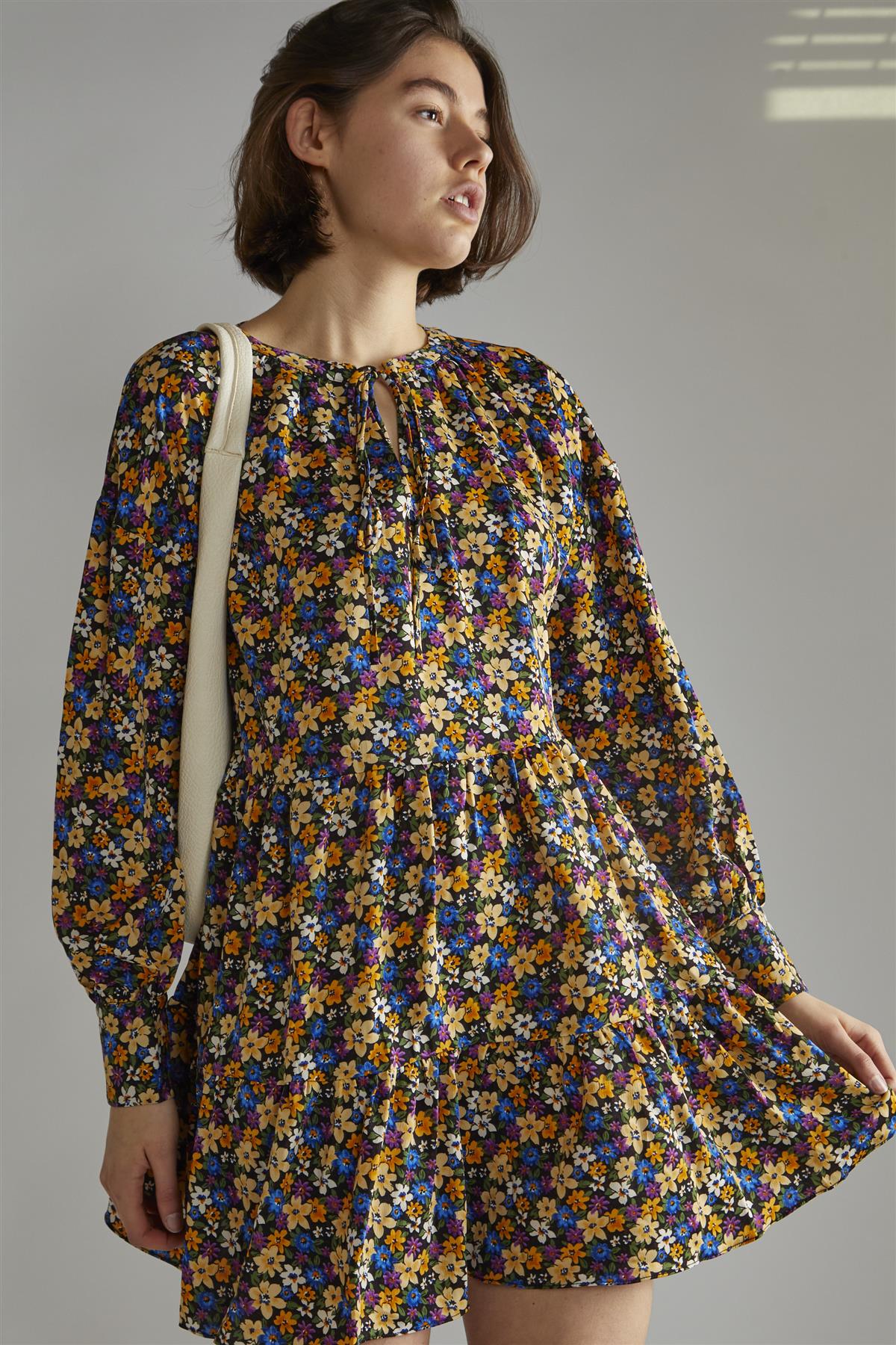 Tie Front Long Sleeve Mini Dress - Dark Floral