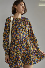 Tie Front Long Sleeve Mini Dress - Dark Floral