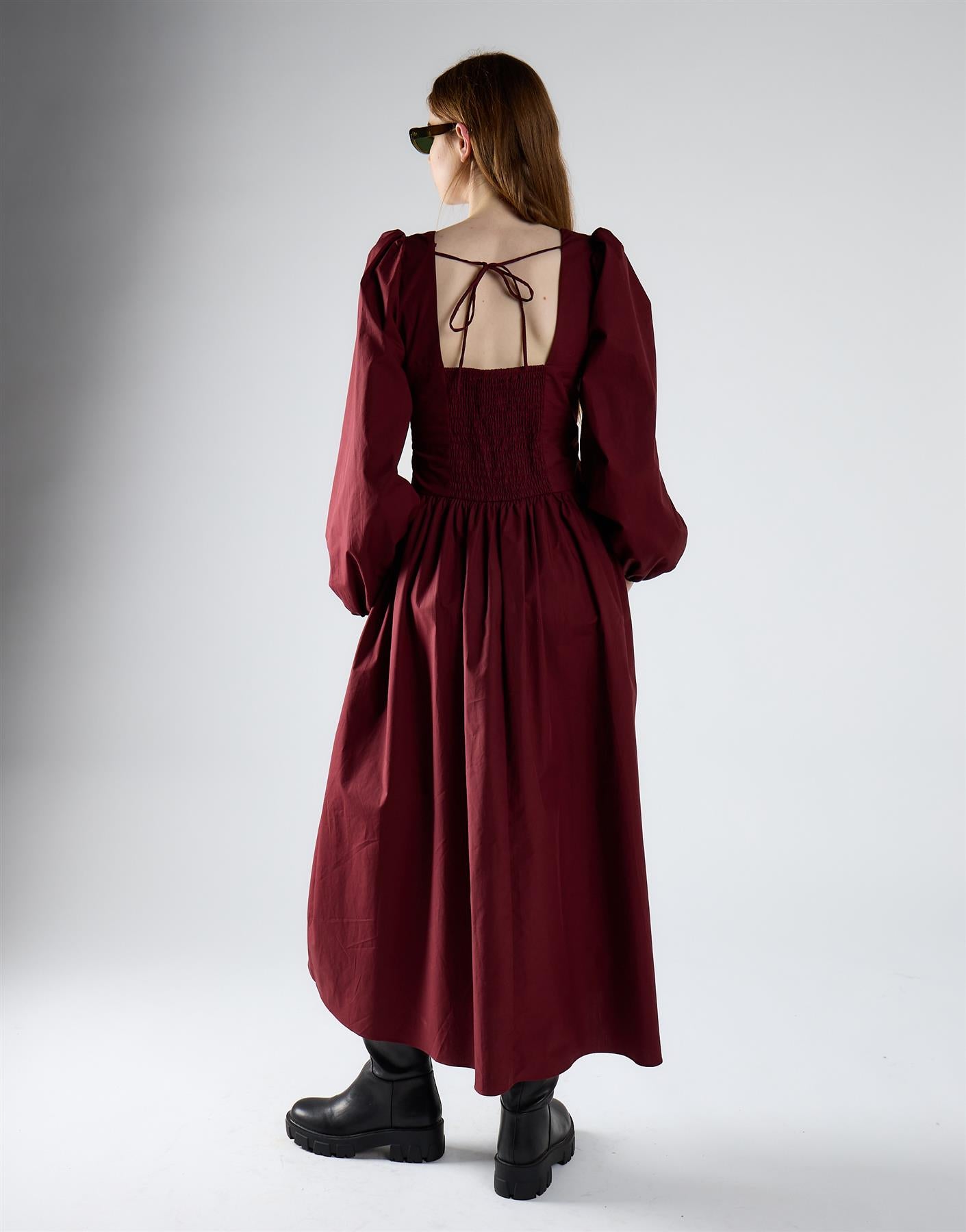 Burgundy Ruched Bust Long Sleeve Midi Dress