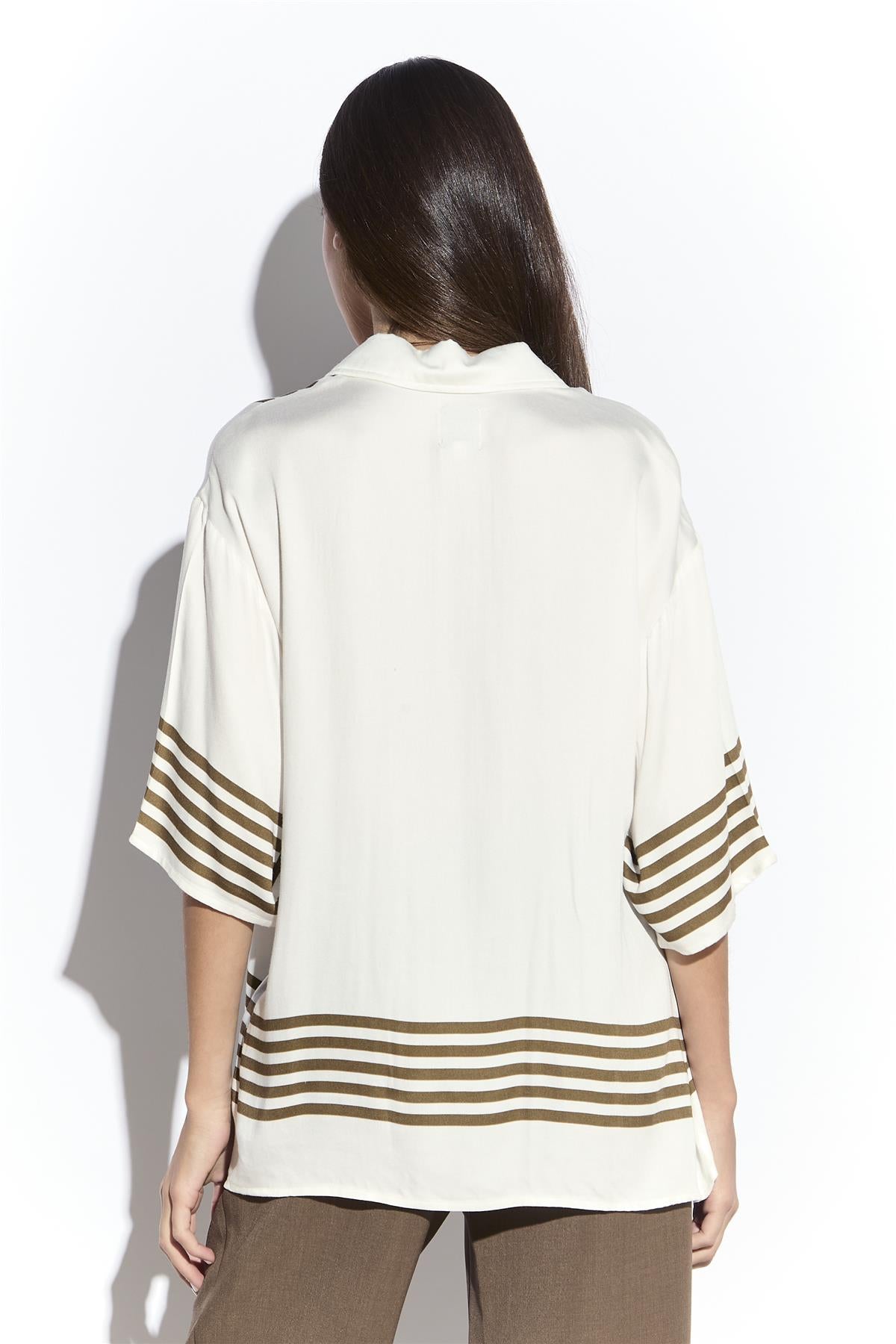 Cream Olive Stripe Short Sleeve Shirt