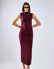Burgundy Sleeveless High-Neck Ruched Midi Bodycon Dress