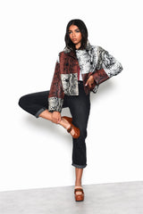Snakeskin-Patchwork Button-Front Long-Sleeve-Jacket