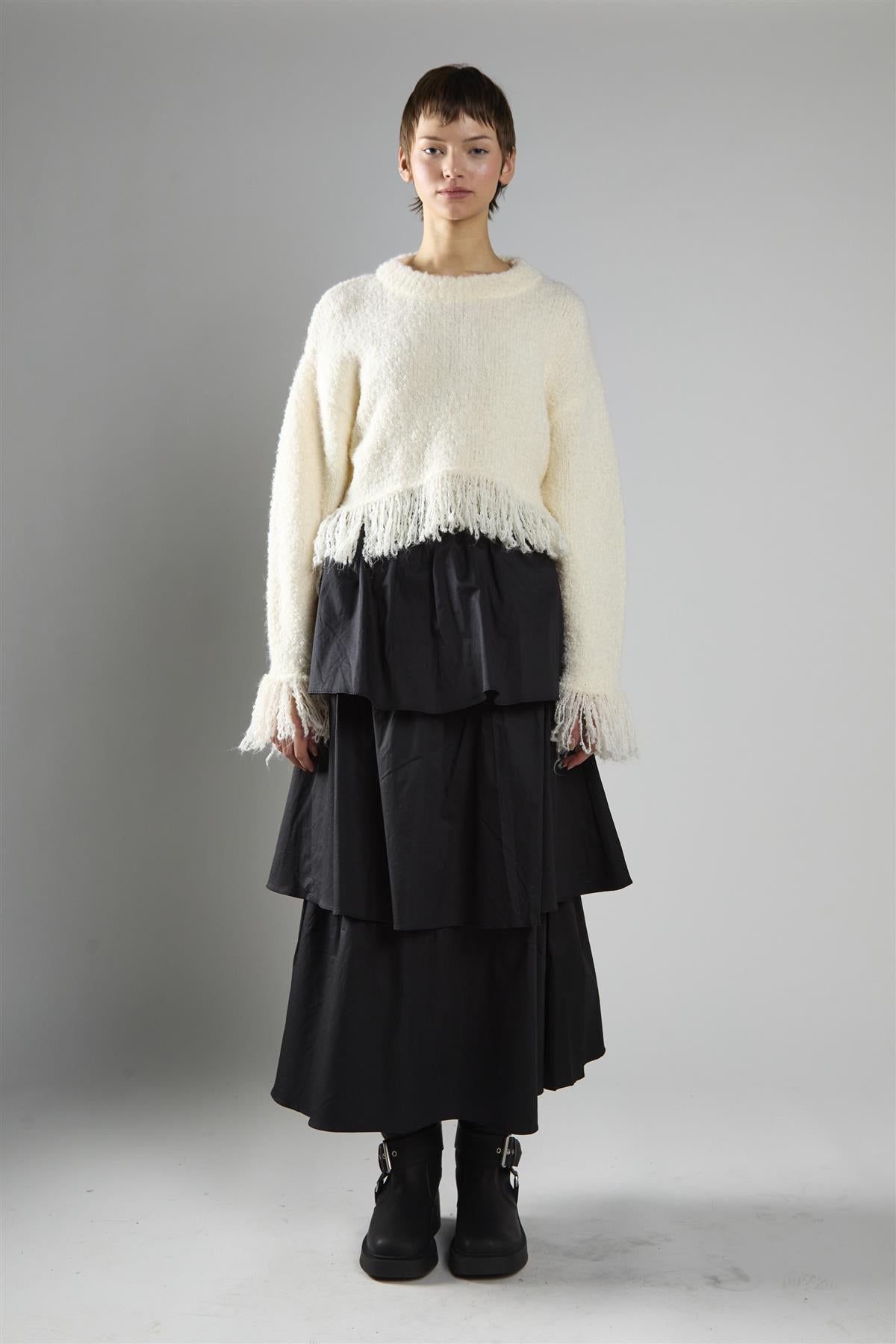 Cream Fringe-Trim Long Sleeve-Jumper