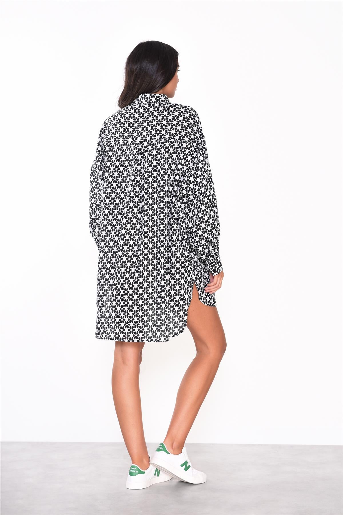 White-Black-Daisy Long-Sleeves-Mini-Shirt-Dresses
