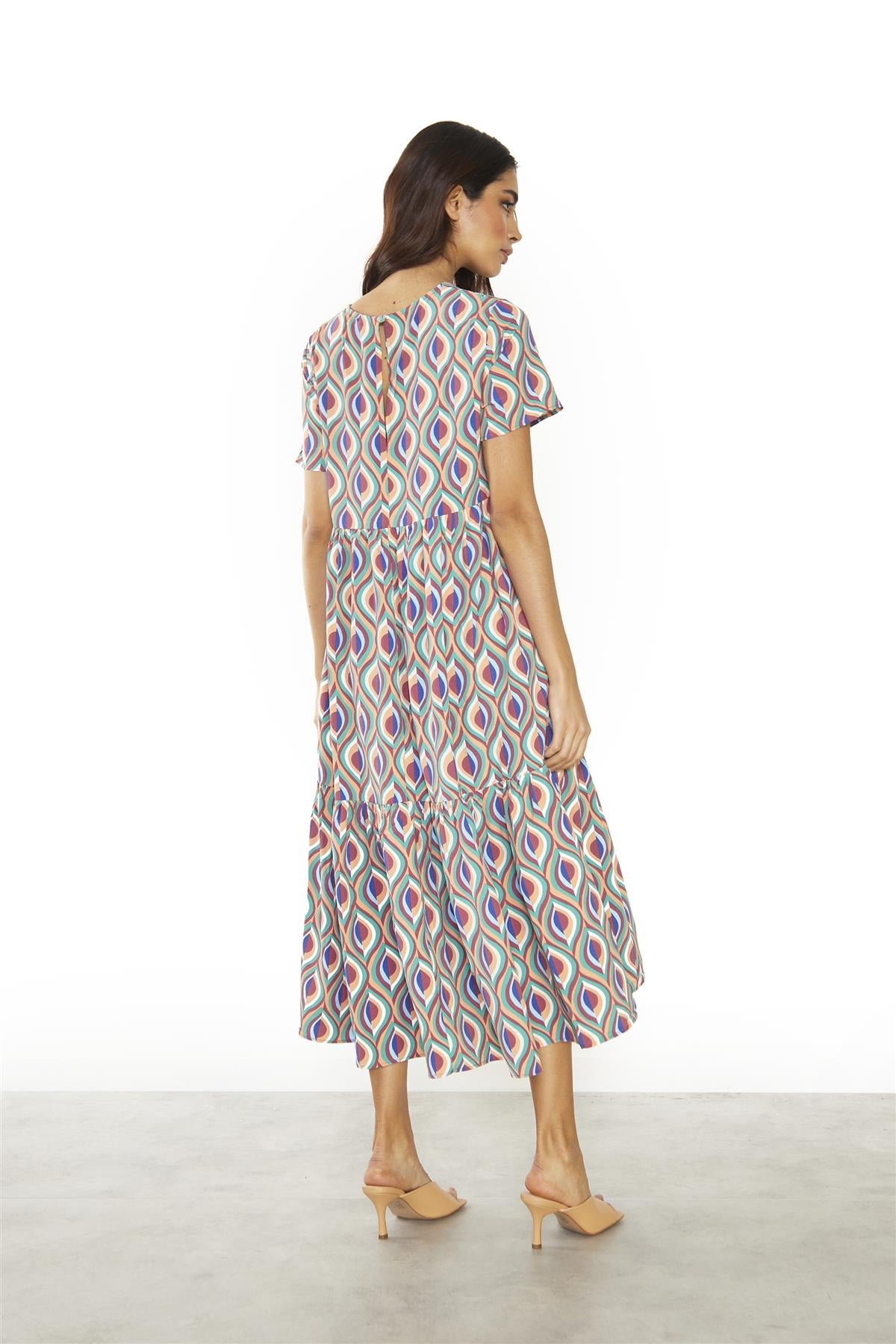 Multi-Geo-Swirl Round-Neck-Loose Midi-Dress