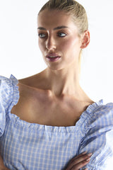 Blue Grid Check Puff Sleeve Mini Dress