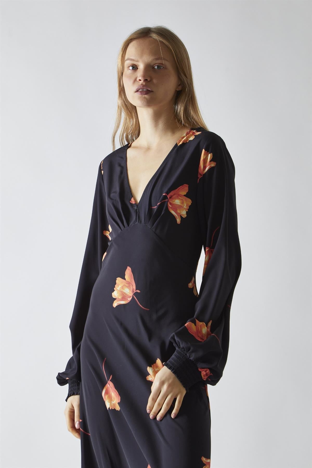 Black-Orange Flower V-neck Midi-Dress