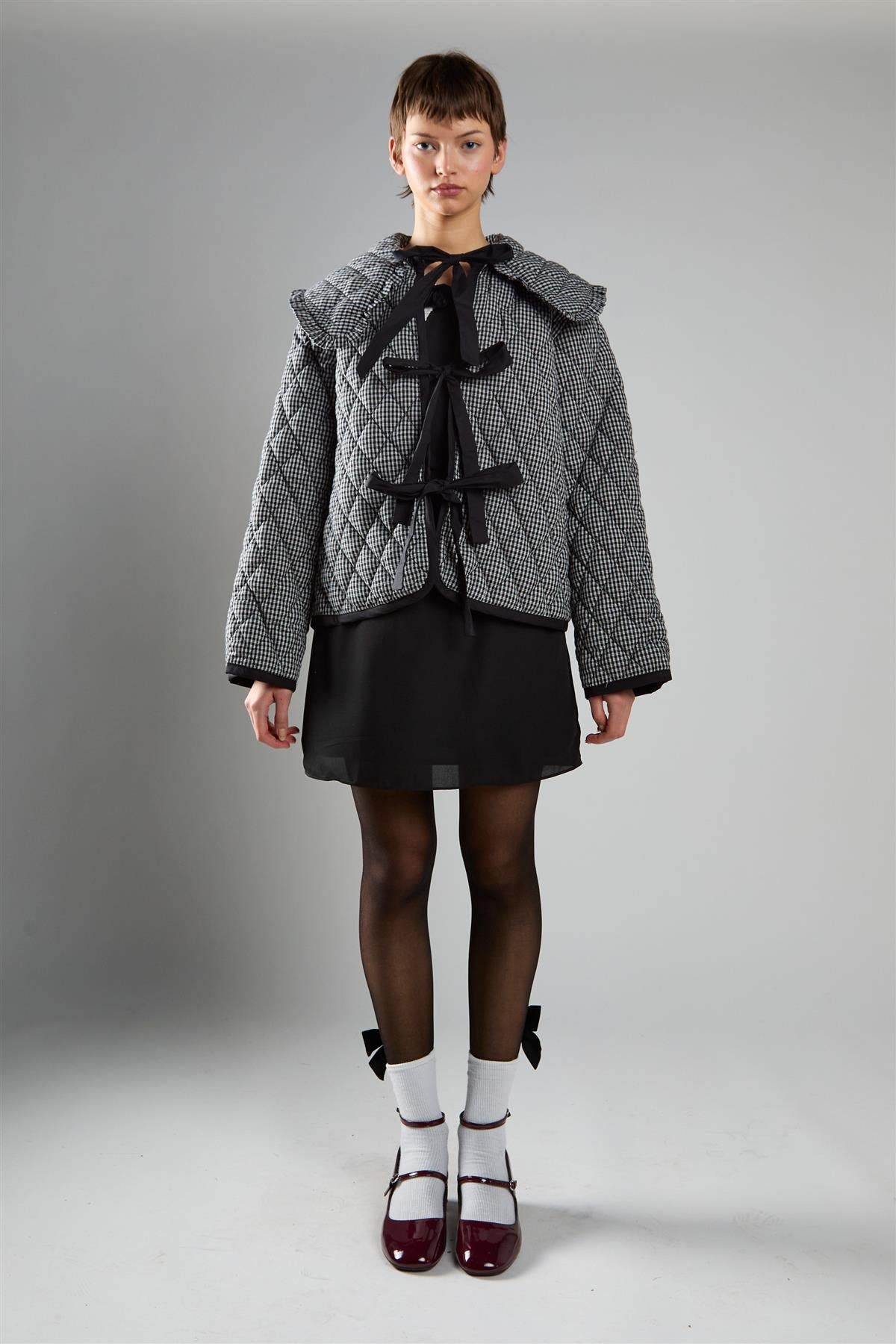 Black Check Quilted Collared Jacket