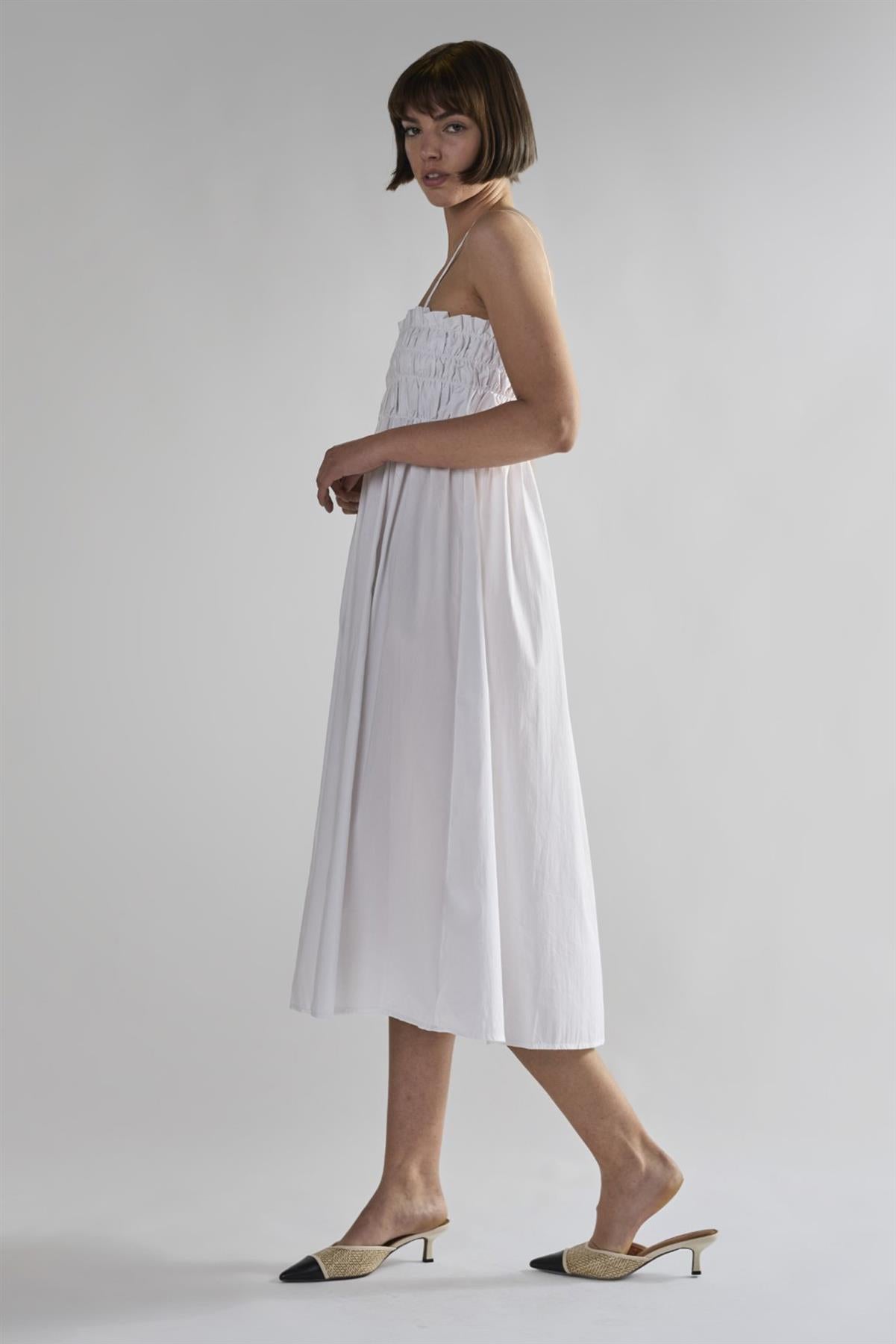 White Ruffled Midi-Dresses