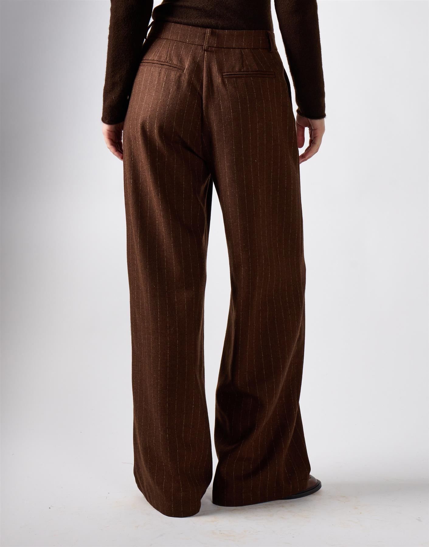 Narrated Brown Stripe Pleated Wide-Leg Trousers