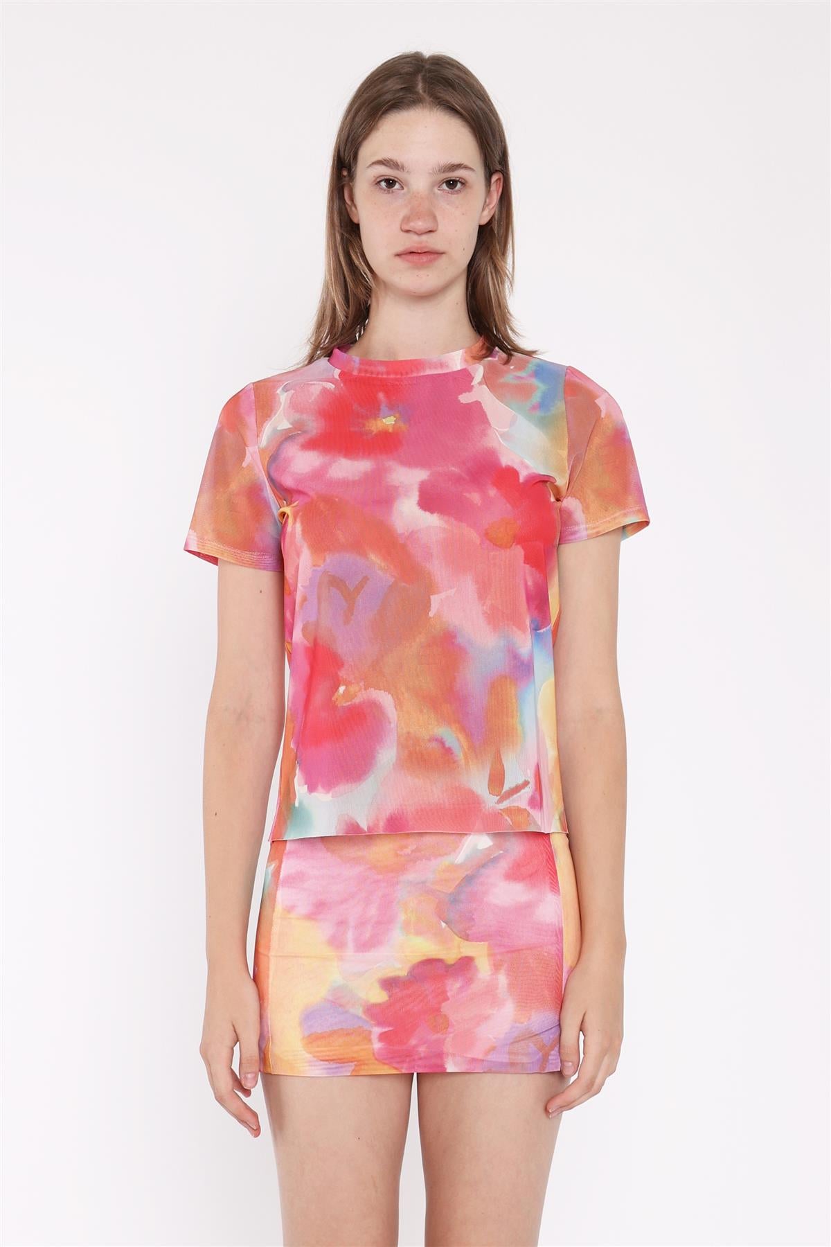 Multi Watercolour Flower Bodycon Cropped Tee