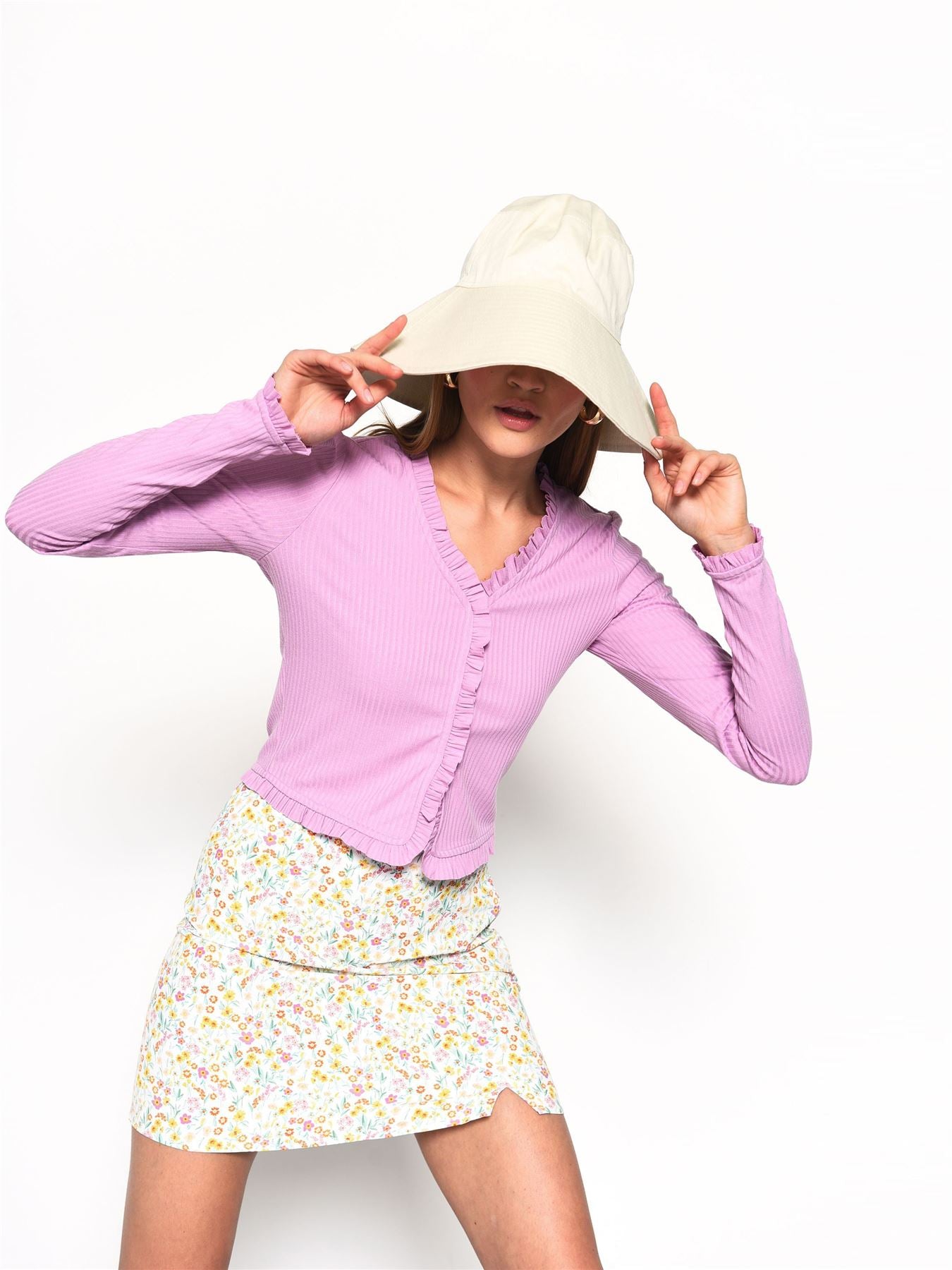 Orchid Long Sleeve Ruffle Detail Ribbed Top