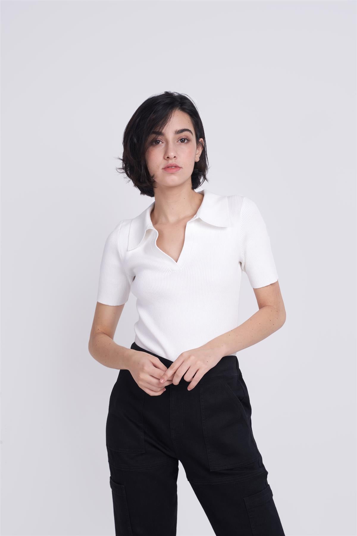 White V-Neck Collar Bodysuit