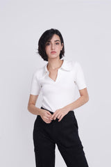 White V-Neck Collar Bodysuit