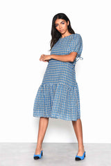 Blue Multi Check Tiered Midi Dress with Puff Sleeves and Tie Back Detail