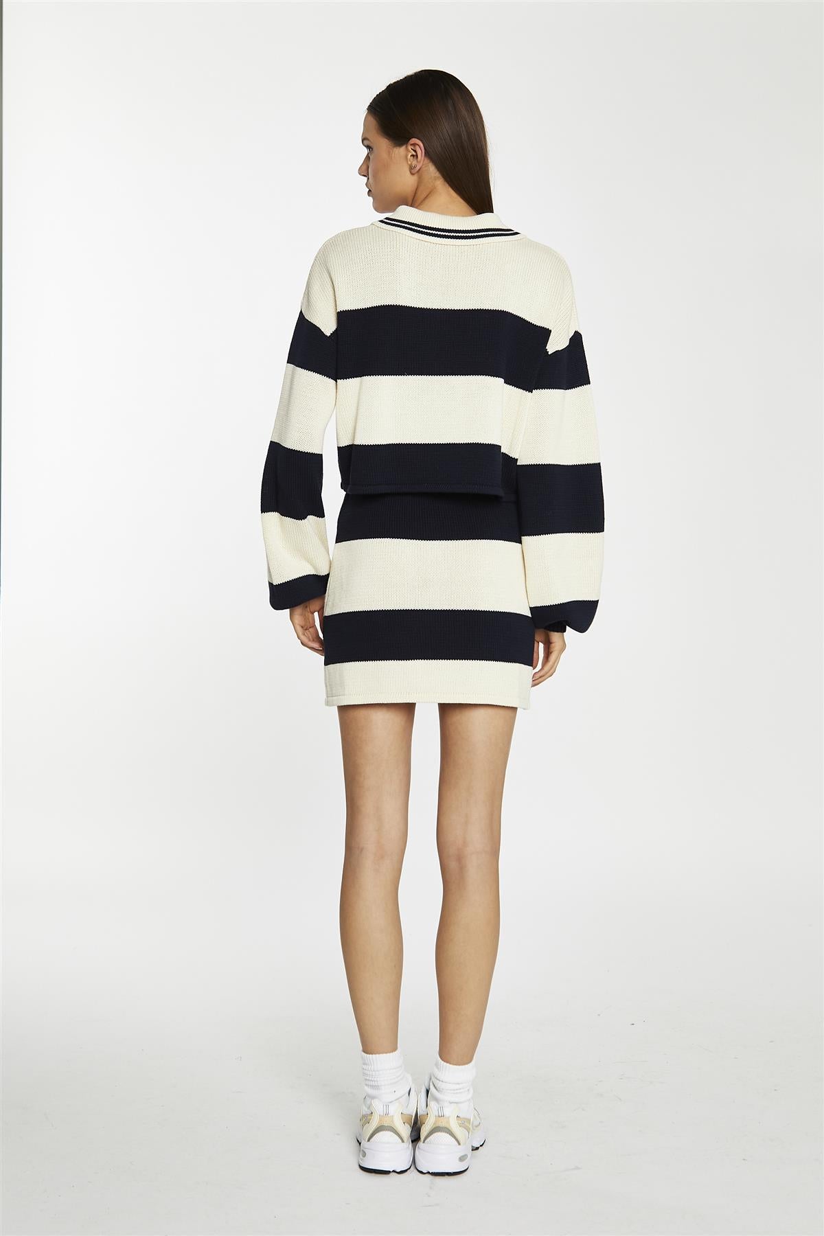 Navy-Cream Bodycon Knitted Mini-Skirt