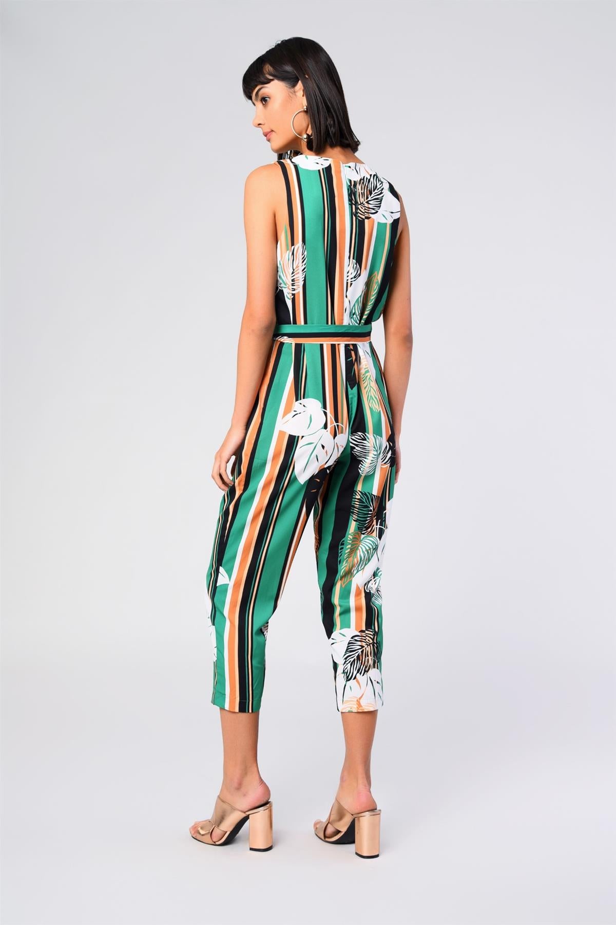 Green-Stripe Leaf Belted Jumpsuit
