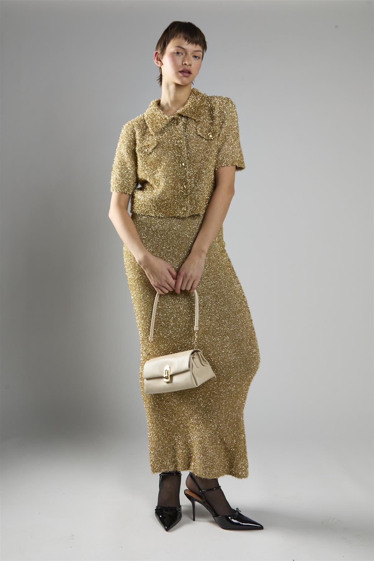 Gold Tinsel High Waisted Maxi Skirt