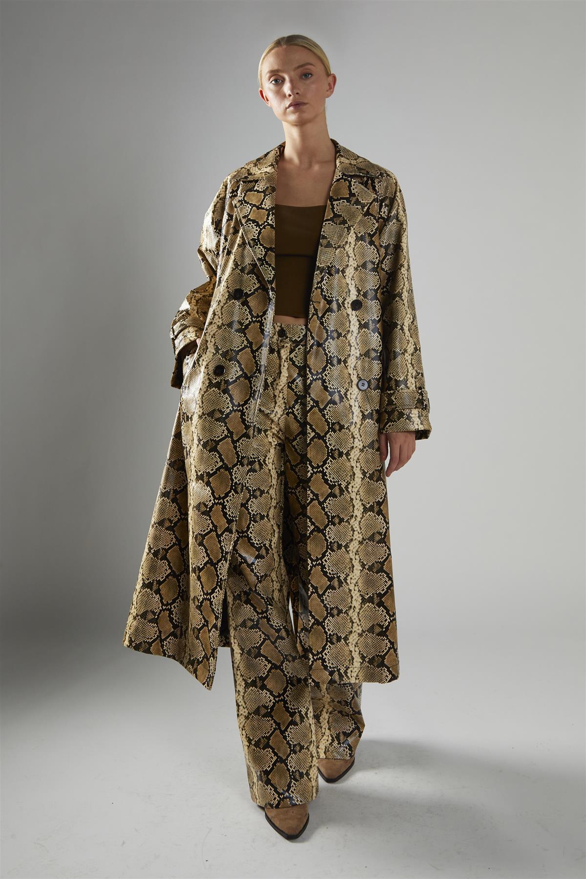 Beige-Snakeskin Double-Breasted Trench-Coat