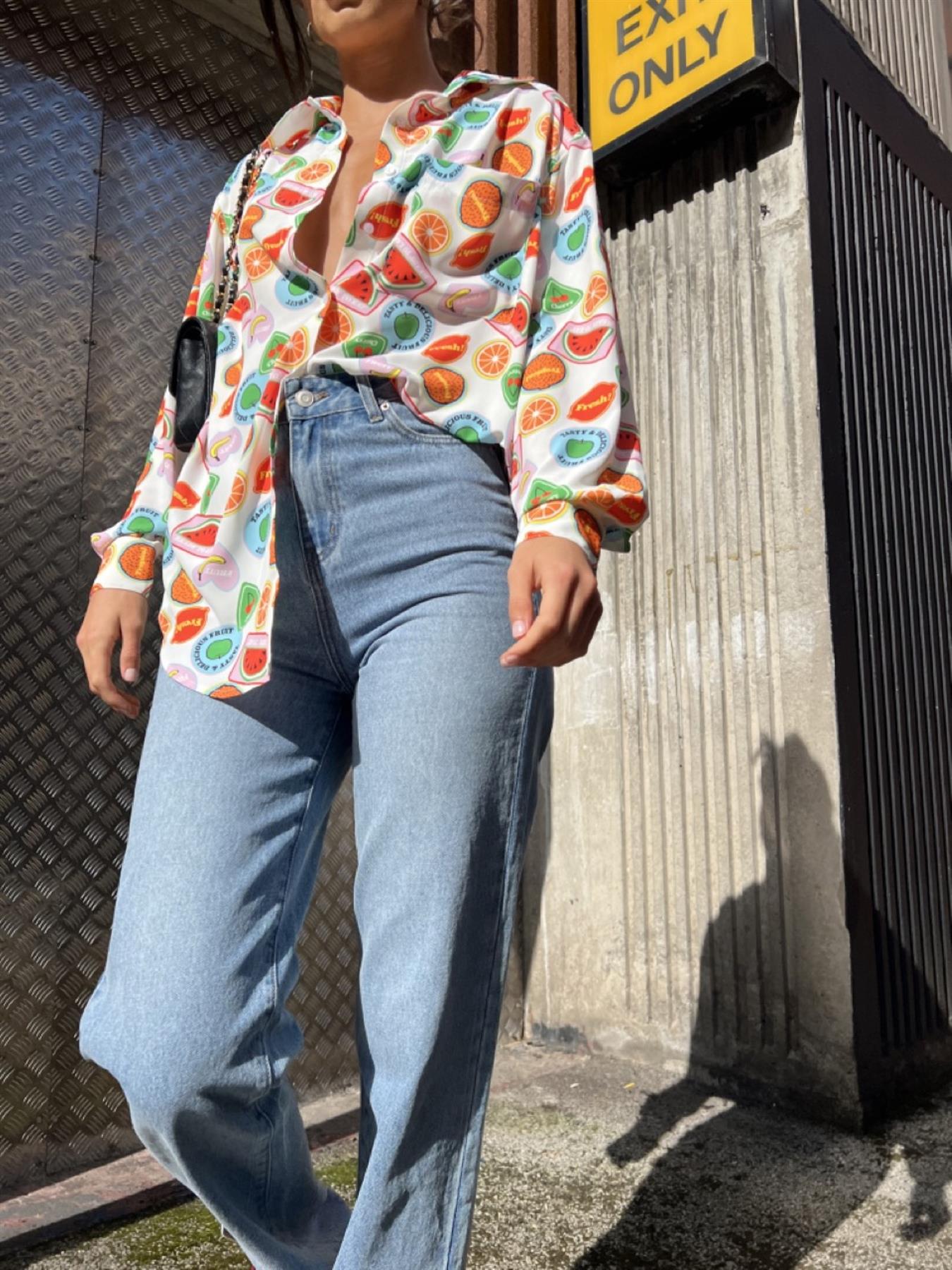 Multi-Fruit-Stickers Collared Long-Sleeve-Top