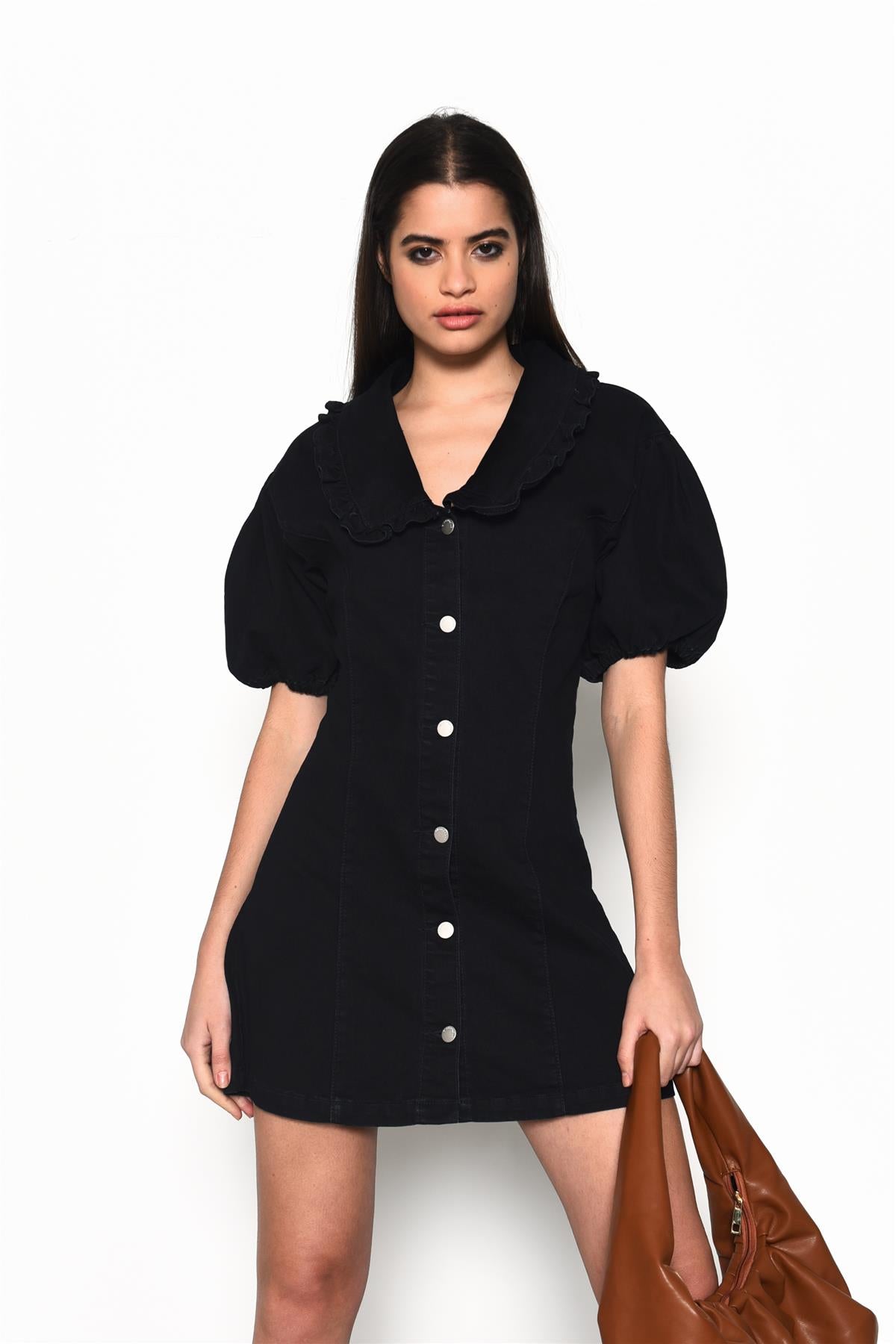 Black V-Neck Button Front Mini-Dress