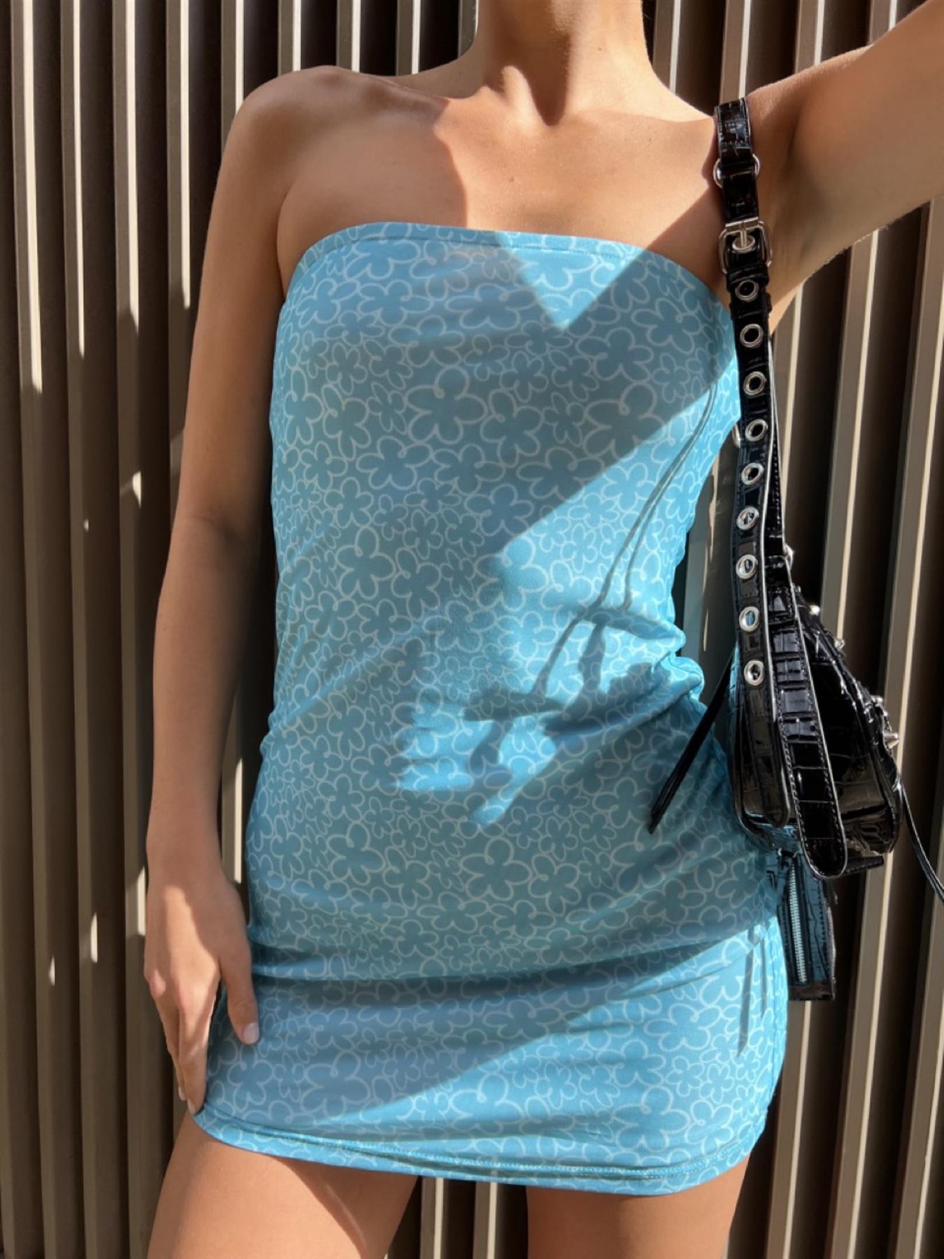 Blue Flower Mesh Bandeau Mini-Dress