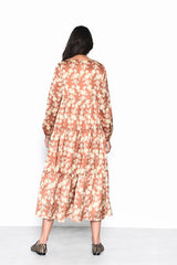 Tan-Yellow-Floral Long-Sleeve-Pleated Maxi-Dress