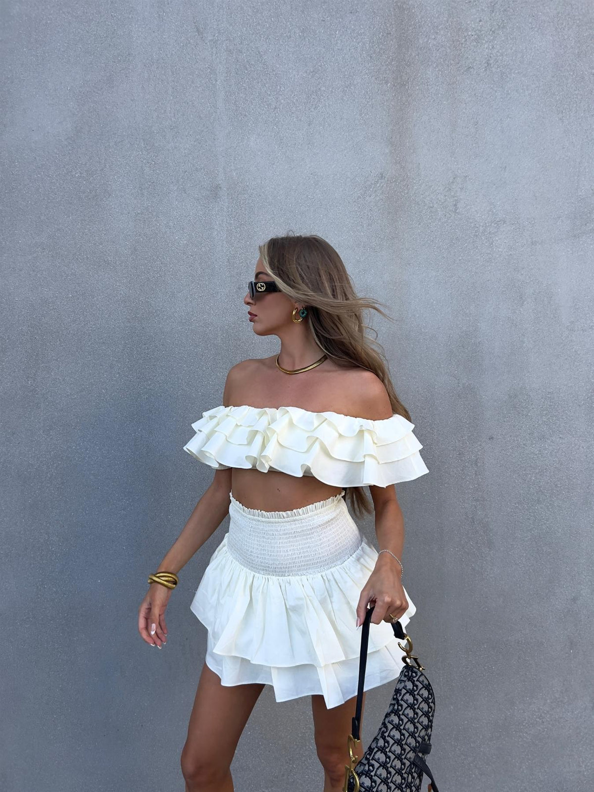Arabella Co-ord Bardot Ruffle Crop Top - Cream