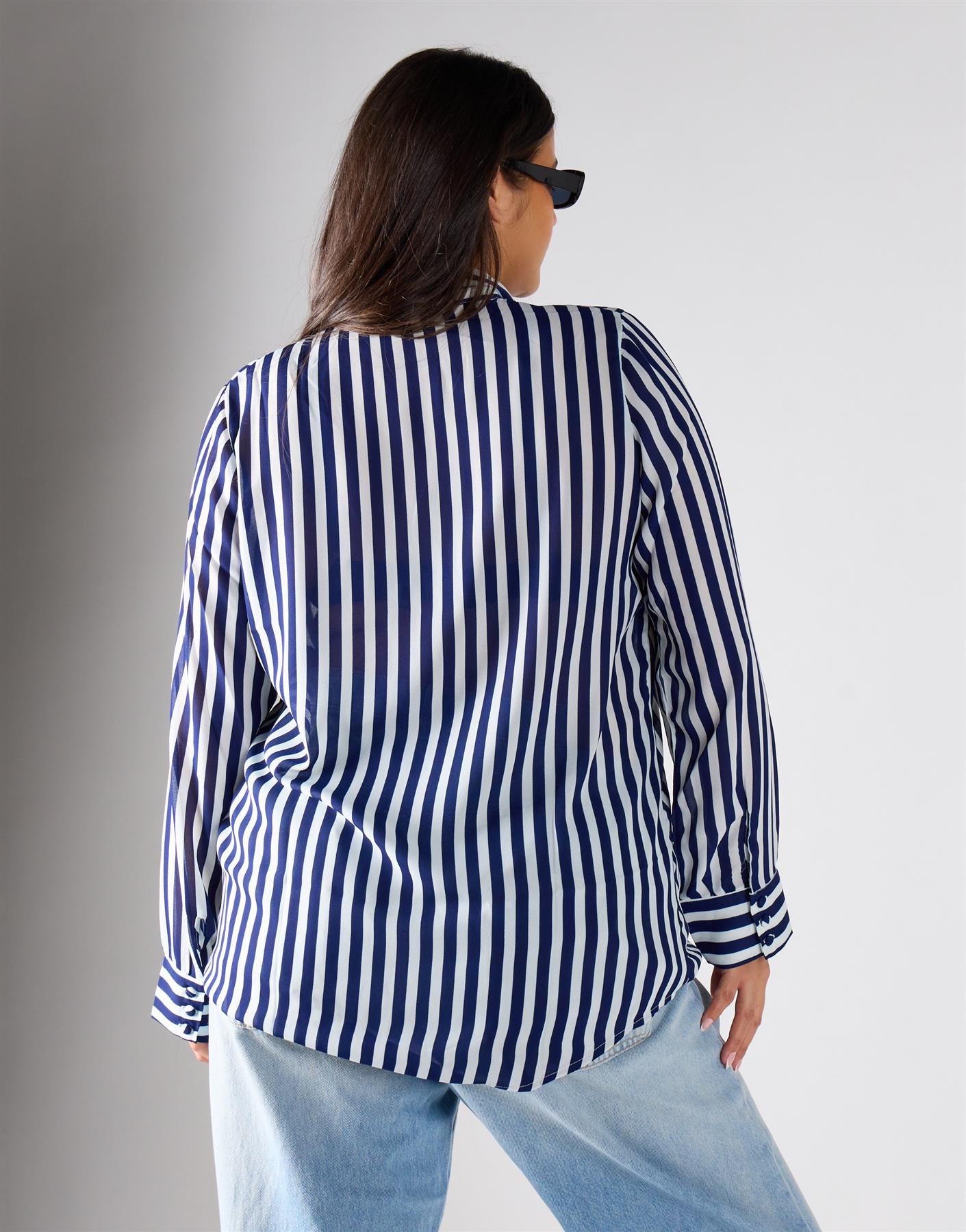 Navy Cream Stripe Bow-Collar Blouse