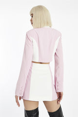 Pink-White-Colour-Block Button-Front Crop-Blazer