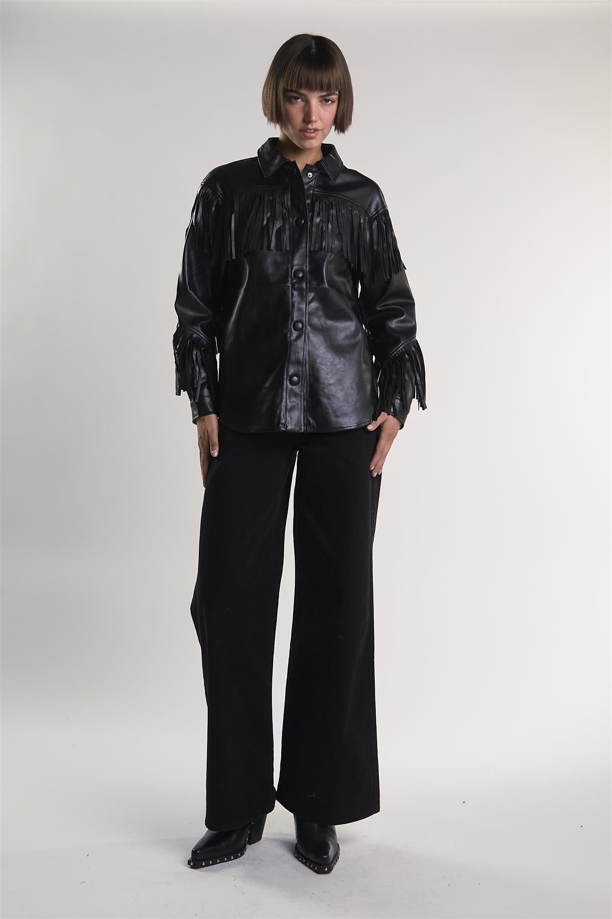 Black PU Faux-Leather Fringe Shirt