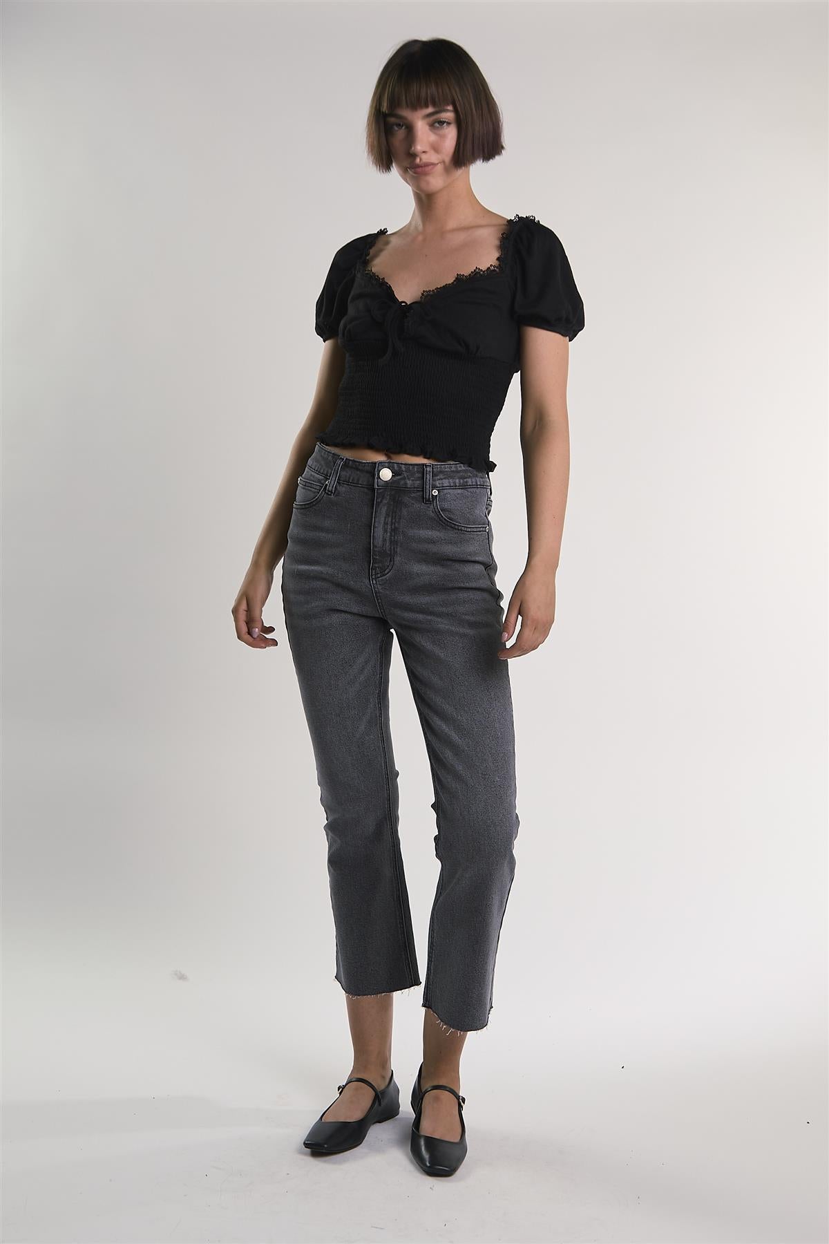 Black Puff-Sleeve-Babydoll Crop-Top