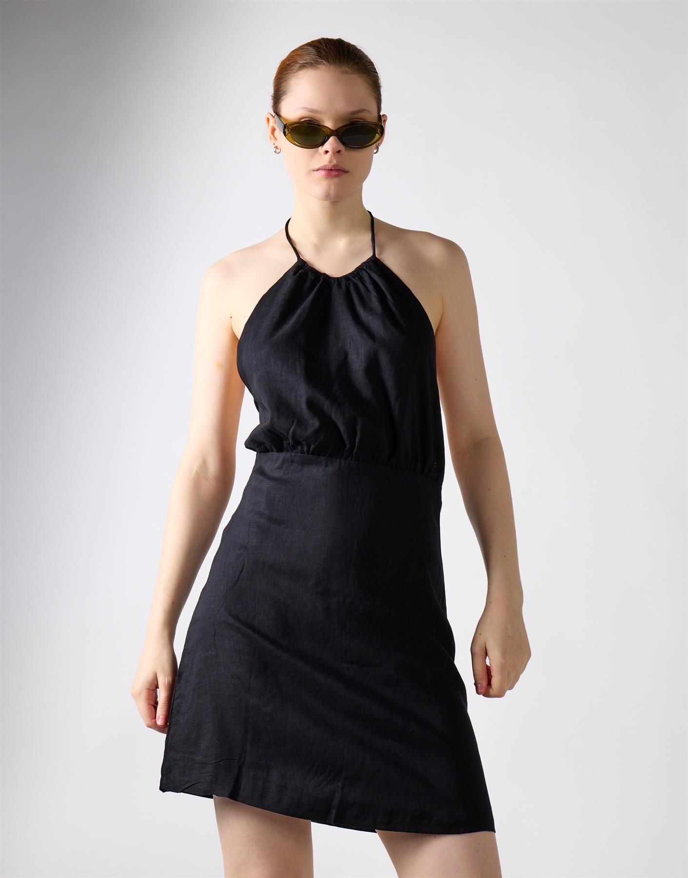 Open Tie Back Mini Dress - Black Linen