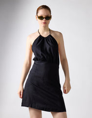 Open Tie Back Mini Dress - Black Linen