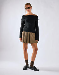Light Brown Check Pleated Mini Skirt