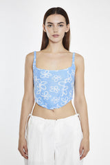 Blue-Scribble-Daisy-Mesh Sleeveless-Corset- Crop-Top