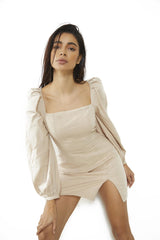 Stone Long-Puff-Sleeve Mini-Dress