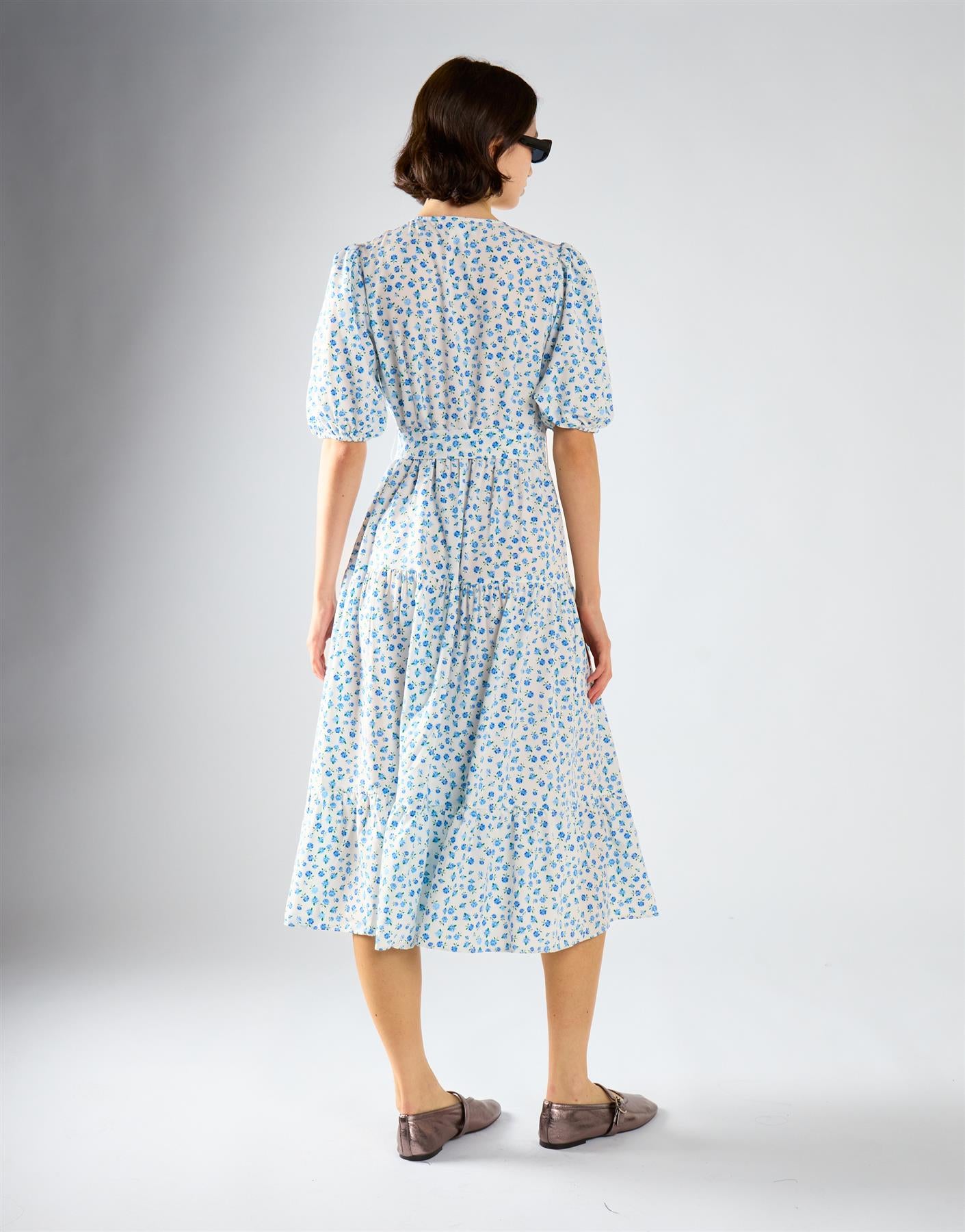Blue Bud Floral Wrap V-Neck Midi Dress