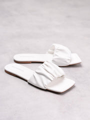 White Ruched Square Toe Sandals