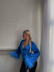 Blue Aster Satin Wrap Blouse with Feather Trim